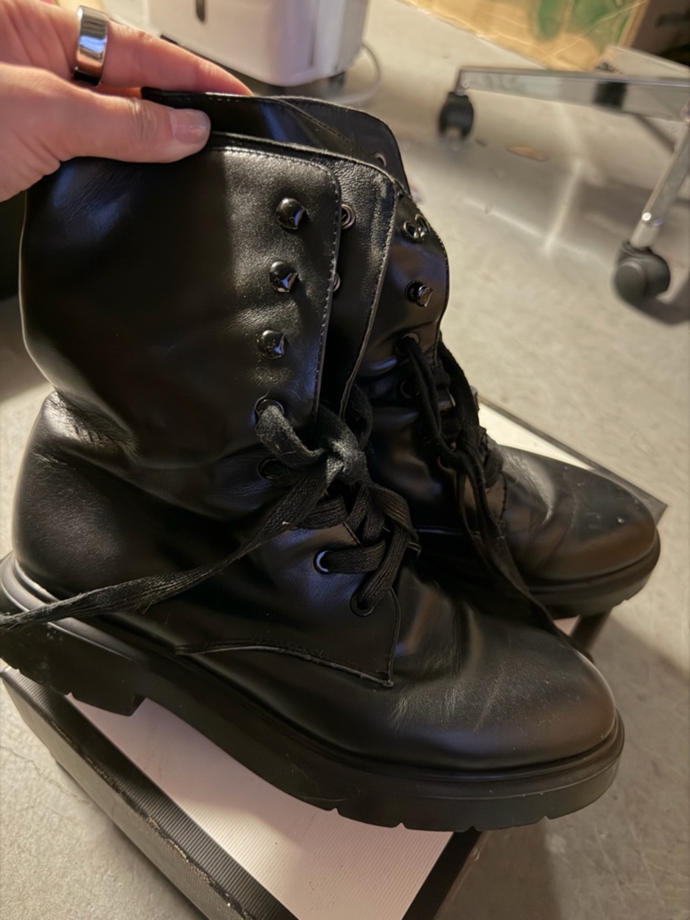 Stuart Weitzman Black Leather Lace-Up Combat Boots